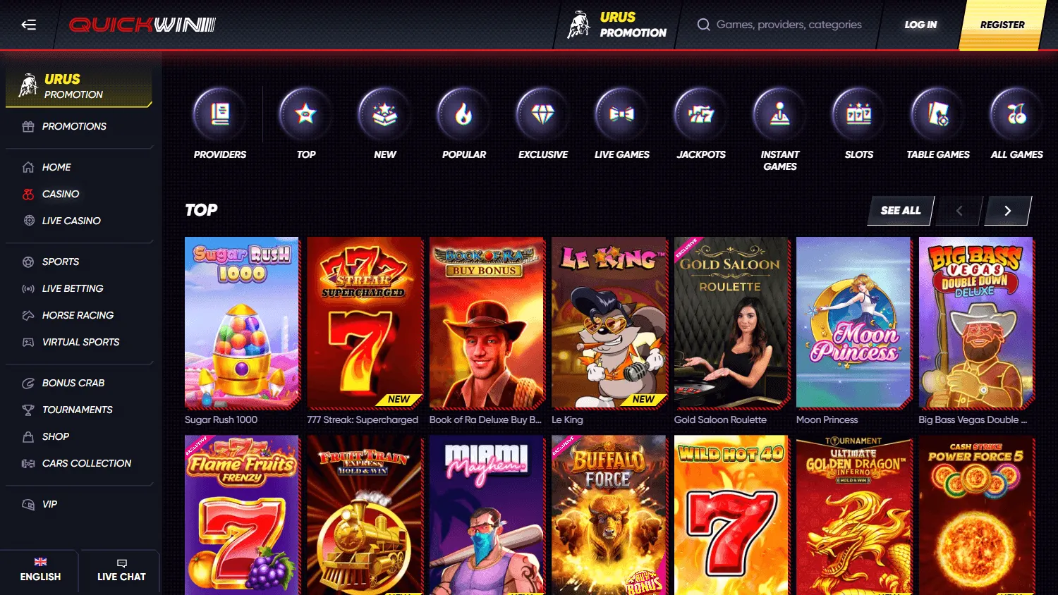 Quick Win Casino games interface on desktop