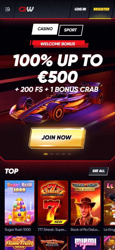 Quick Win Casino home interface on an iPhone or Android phone