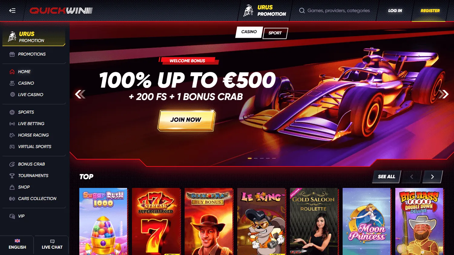 Quick Win Casino home interface on desktop