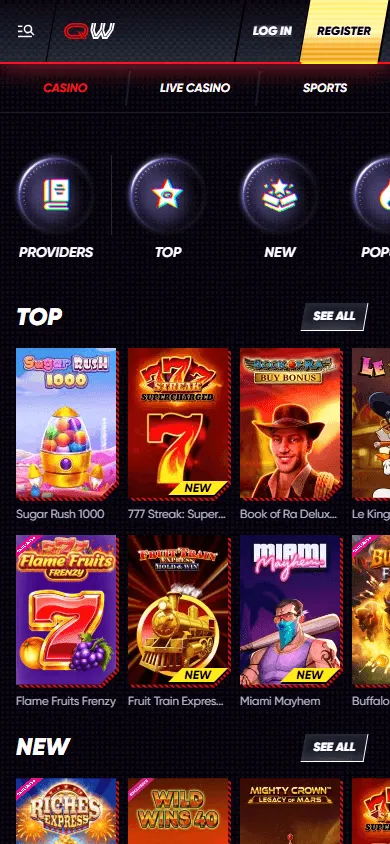 Quick Win Casino mobile games interface on an iPhone or Android phone