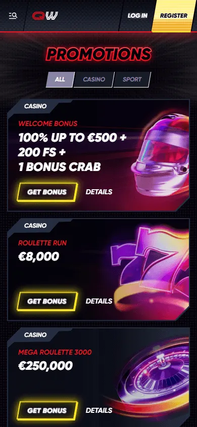 Quick Win Casino mobile promotions interface on an iPhone or Android phone