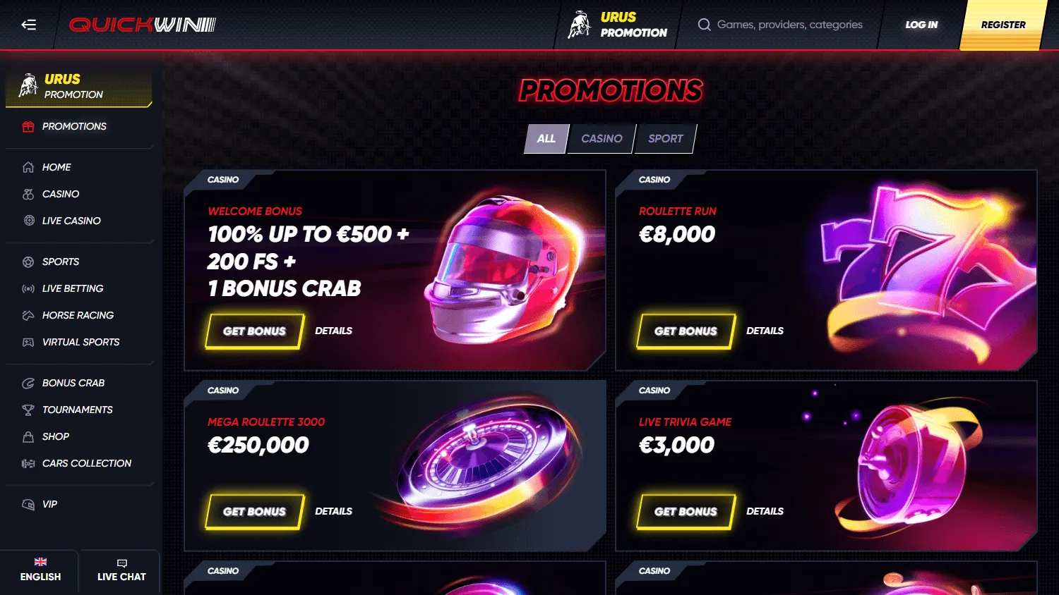 Quick Win Casino promotions interface on desktop